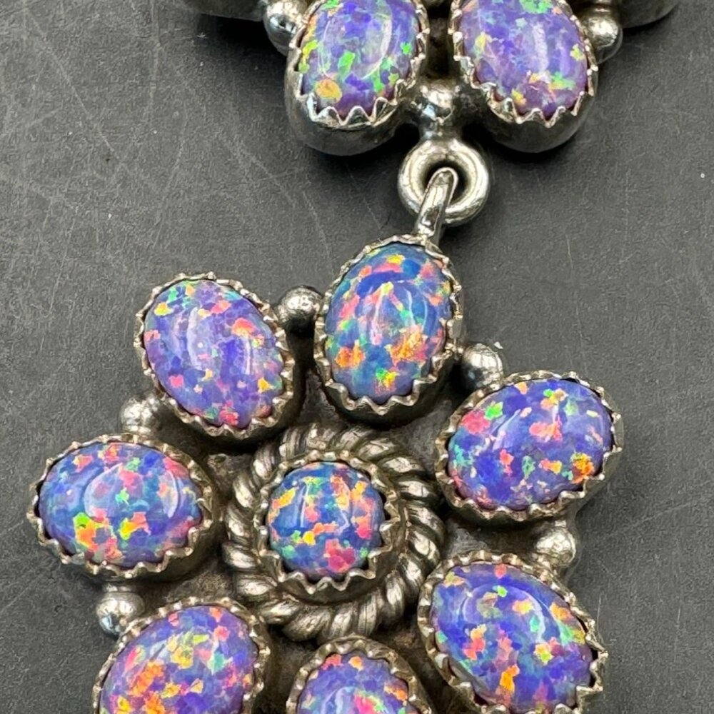 Lab Created Opal Iridescent Triple Floral Multi Stone Sterling Dangle Earrings - Picture 4 of 11
